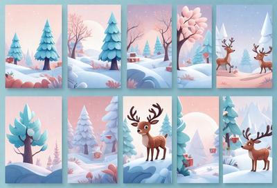 The primary subject of the image is a set of six different pictures featuring a deer in a snowy environment. The setting includes a snowy landscape with trees and a cabin in the background. The visual style is a combination of digital art and illustration, creating a whimsical and charming atmosphere. The colors are predominantly white and shades of blue, which contribute to the cold and snowy mood of the scene.